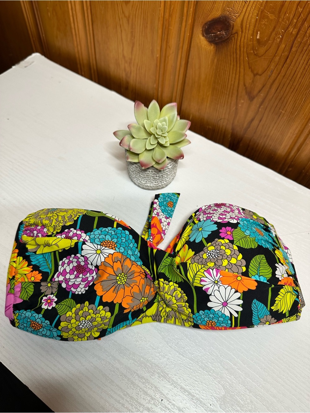 Trina Turk Black Floral Bandeau Swim Top with Multicolor Blooms